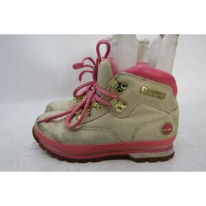 Timberland Womens Size 7 M Cream Canvas Pink Lace Up Ankle Fashion Boots Bootie